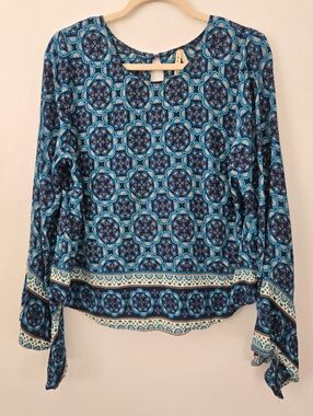 Roper Western Bohemian Bell Sleeve Blouse blue geometric pattern tile print. LG.